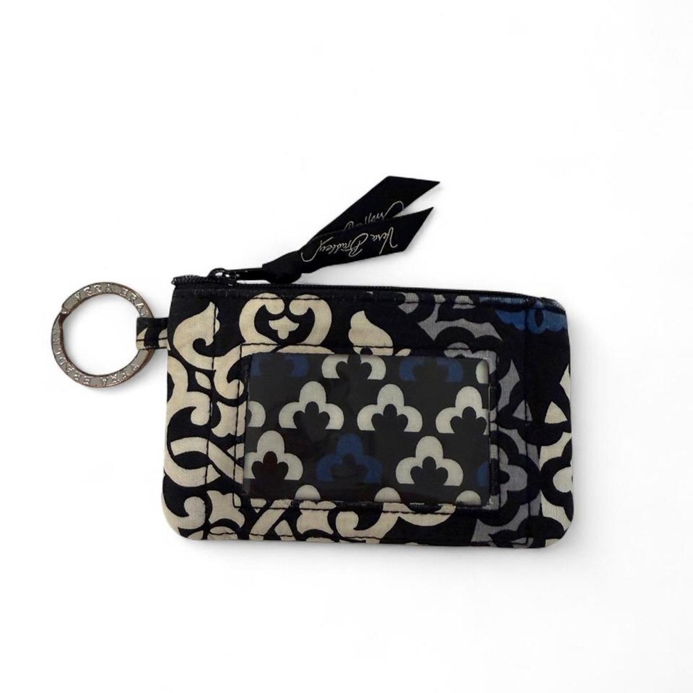 Vera Bradley Zip ID Case Wallet Black Blue Floral Damask Key Chain Card Holder